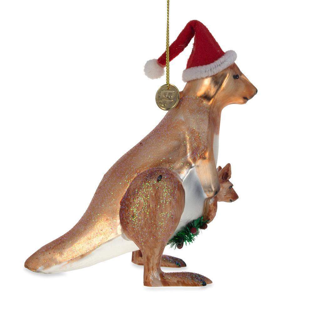 Endearing Santa Kangaroo Mom Carrying Baby In Pouch - Blown Glass Christmas Ornament