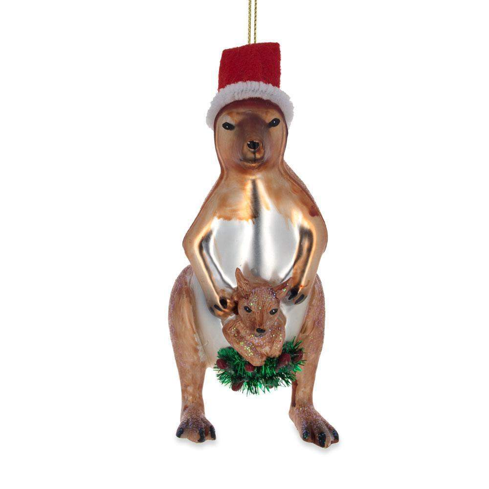 Endearing Santa Kangaroo Mom Carrying Baby In Pouch - Blown Glass Christmas Ornament