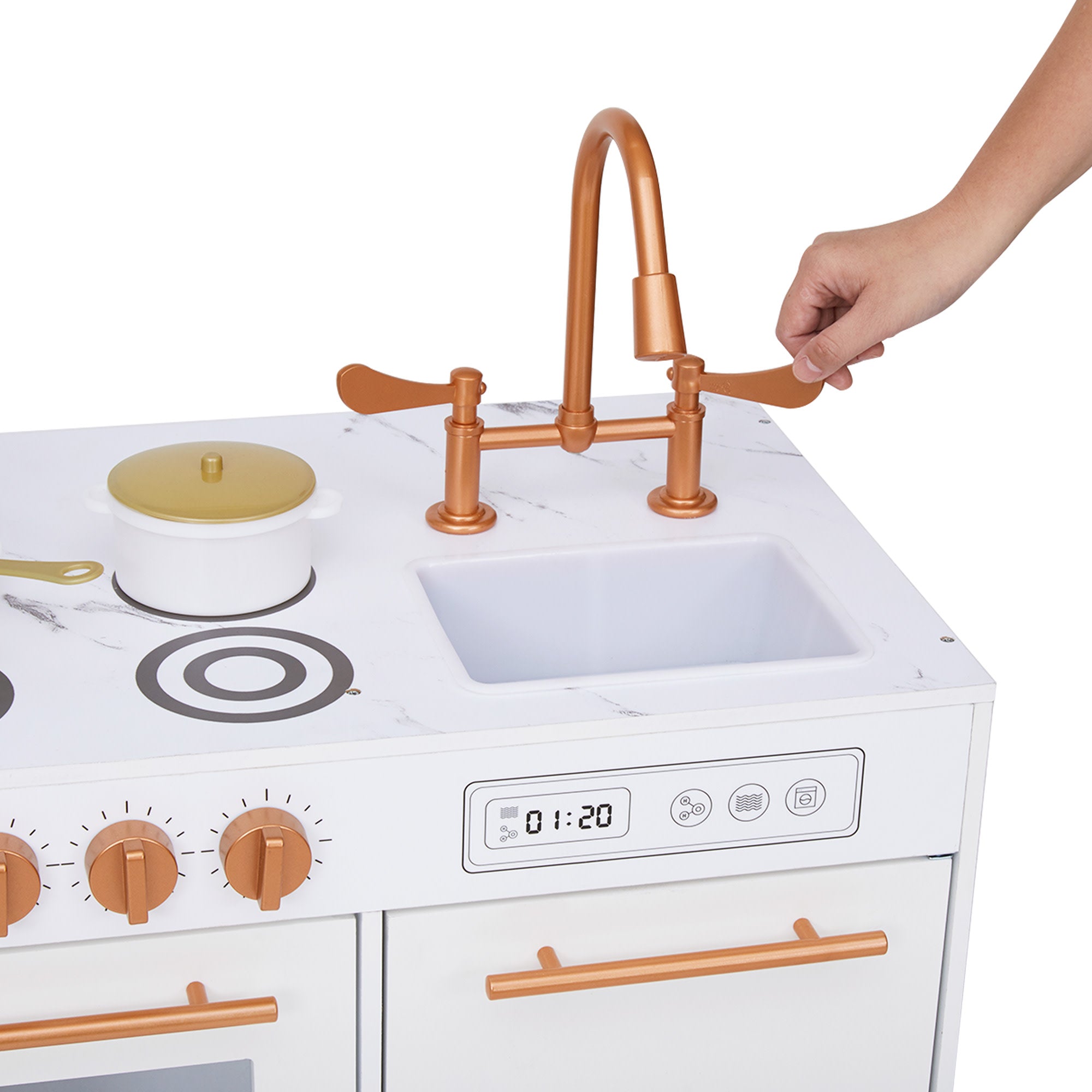 Little Chef Milano Two-piece Modular Modern Delight Play Kitchen With Cooking Accessories, Faux Marble Countertop, & Rose Gold Hardware, White