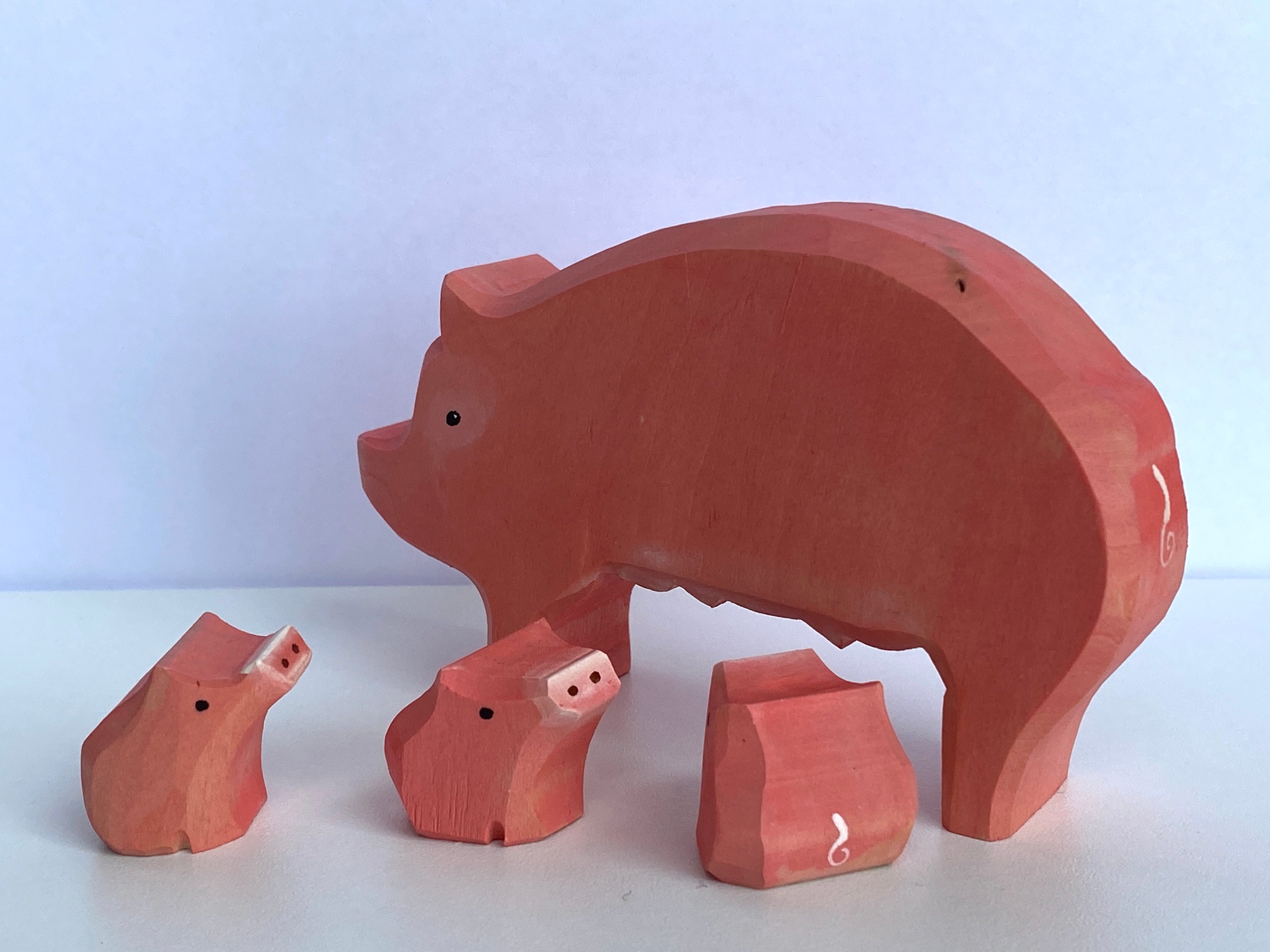 Wood Carved Pig With Piglets