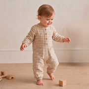 Organic Long Sleeve Button Romper - Oat Gingham