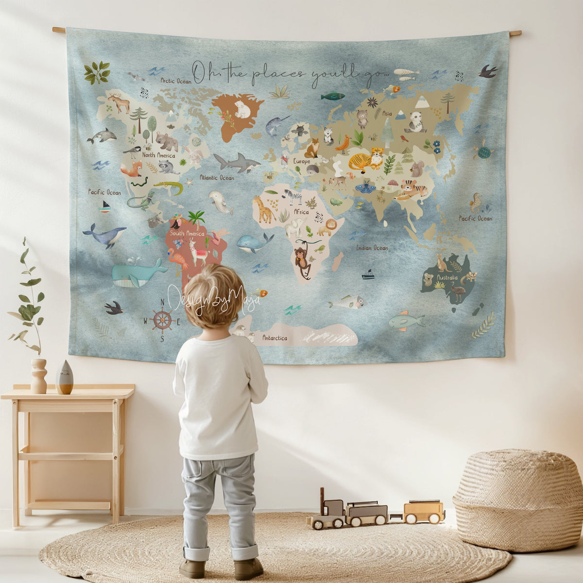 Wooden Hangers Tapestry World Map - Fabric Nursery Wall Banner Art