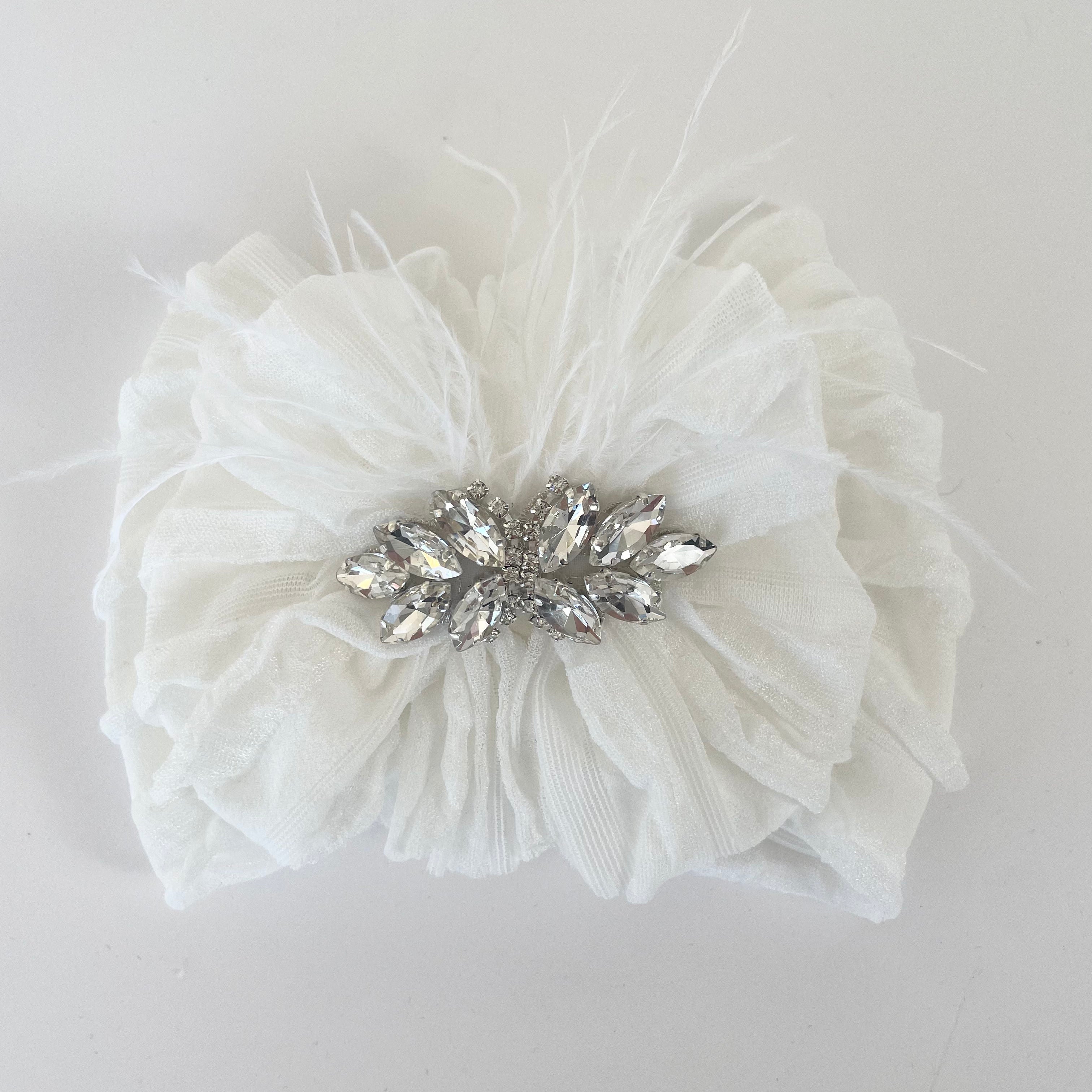 Fancy Feather & Rhinestone Ruffled Baby Headband