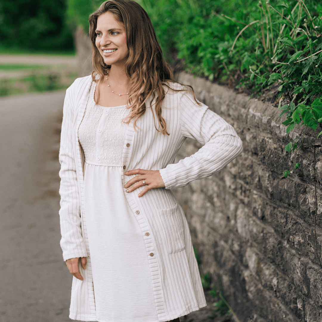 Neutral Off-white Smocked Long Sleeve Midi Dress- Women