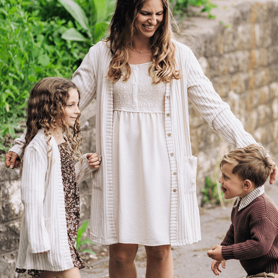 Neutral Off-white Smocked Long Sleeve Midi Dress- Women