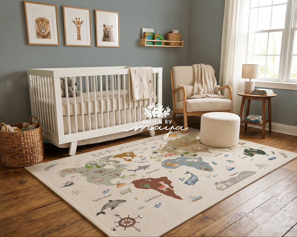 World Map Kids Room Rug - Oh, The Places You'll Go / Adventures Await/ Little Dreamer
