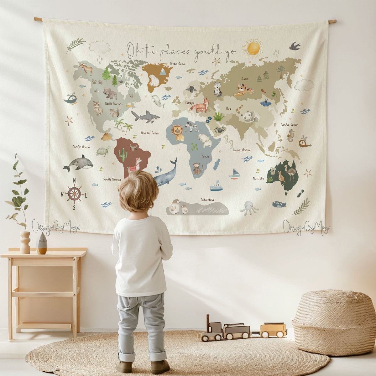 Wooden Hangers Tapestry World Map - Fabric Nursery Wall Banner Art