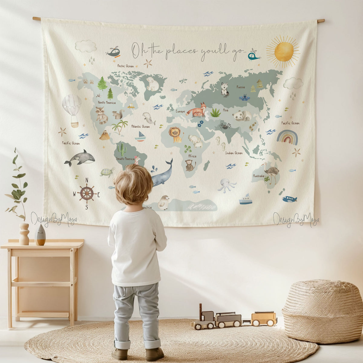 Wooden Hangers Tapestry World Map - Fabric Nursery Wall Banner Art
