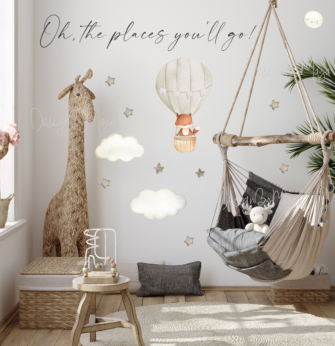 Baby Animal Inside Hot Air Balloon - Fabric Nursery Wall Art Decals