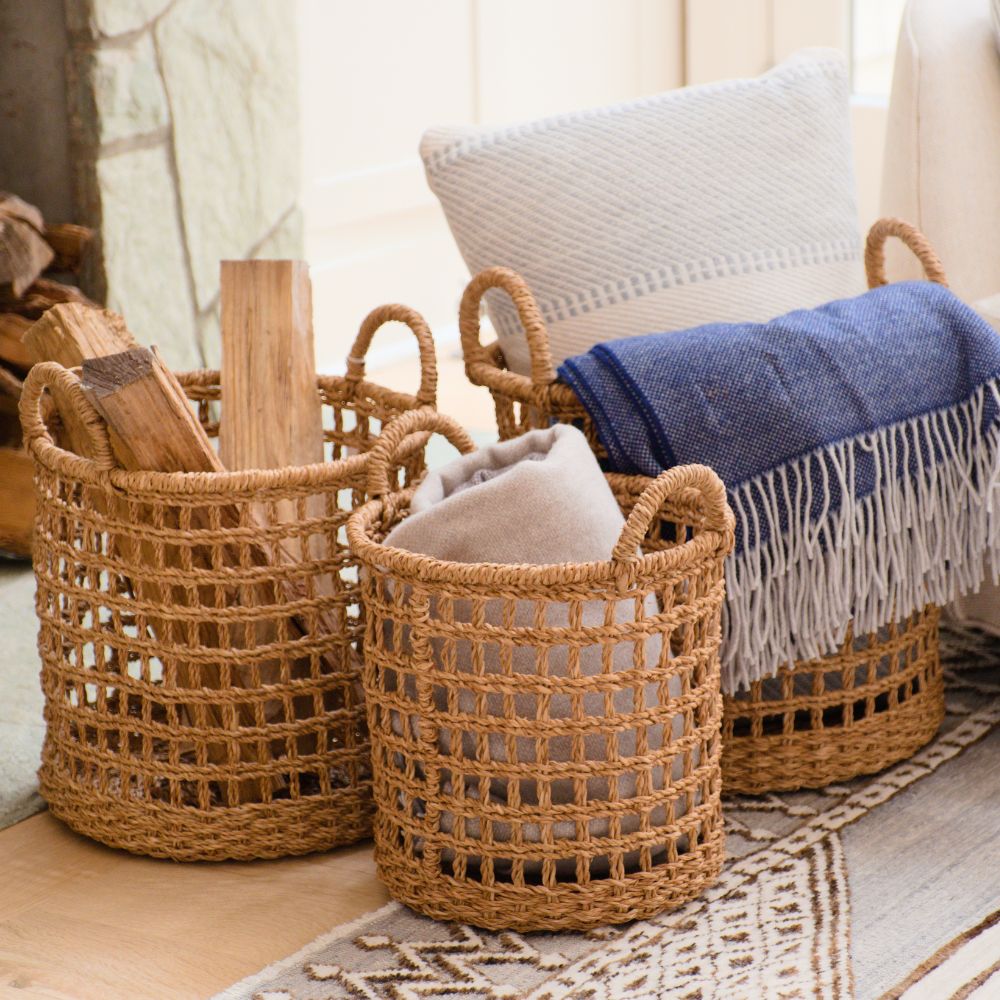 Open Weave Baskets With Handle, Set Of 3 - Storage Baskets | Likhâ