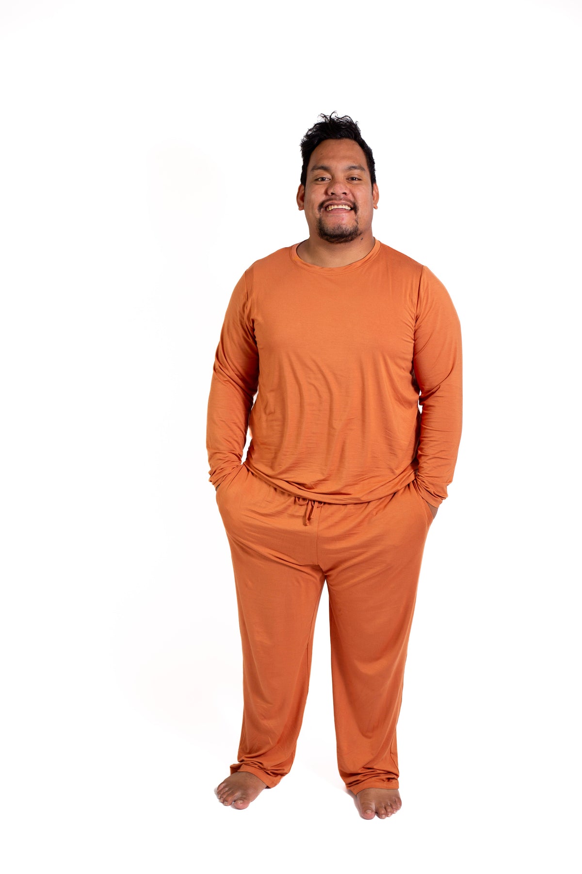 Mens Long Sleeve Solid Bamboo Pajama- Color Orange, Crew Neck