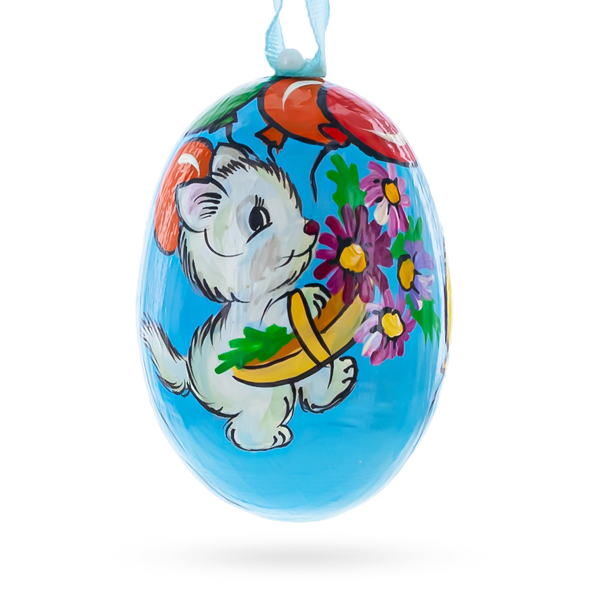 Cat With Balloon And Flowers Wooden Christmas Ornament 3 Inches