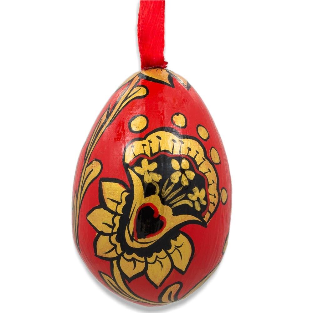 Khokhloma Golden Flowers Wooden Egg Easter Ornament 3 Inches