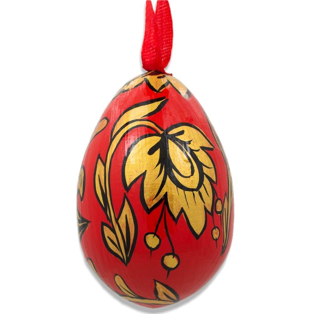 Khokhloma Golden Flowers Wooden Egg Easter Ornament 3 Inches