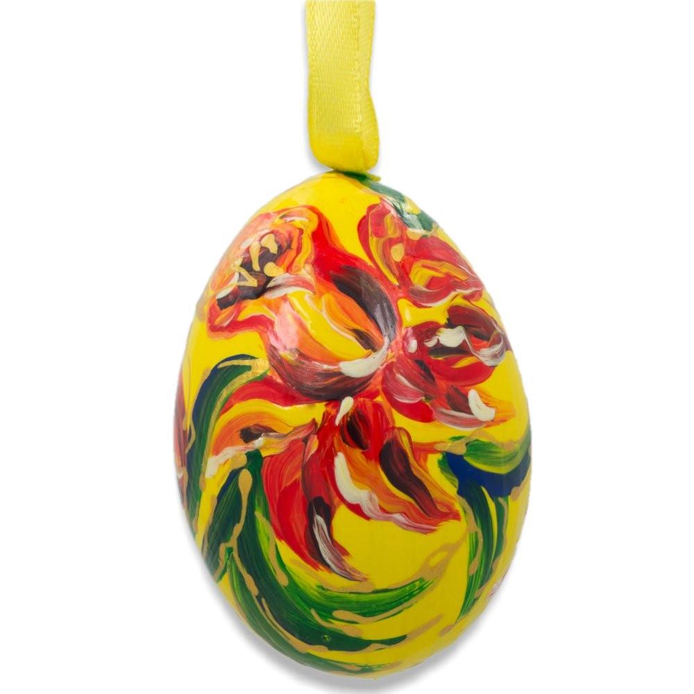 Red Flower On Yellow Wooden Egg Easter Ornament 3 Inches