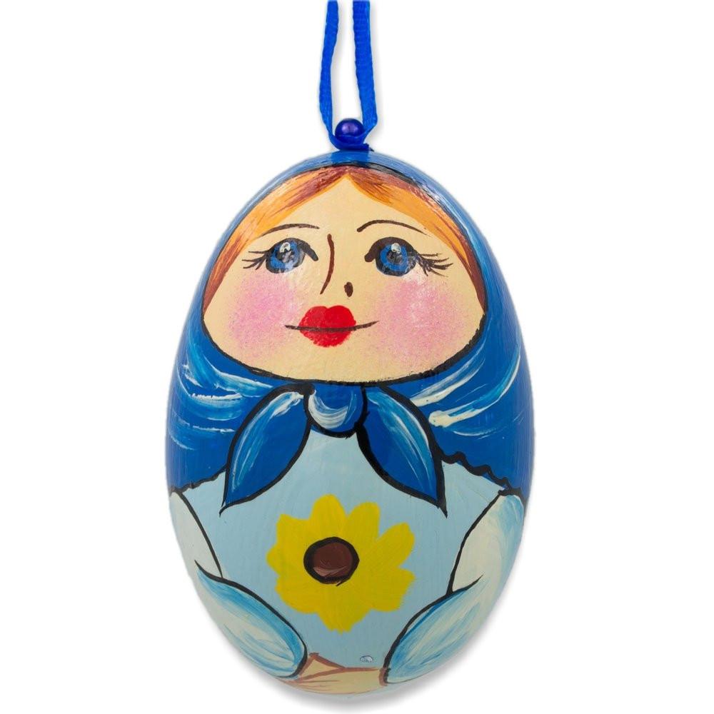 Nesting Doll  Blue Scarf Wooden Egg Ornament 3 Inches