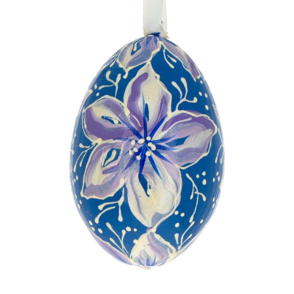 Blue And Purple Flower Wooden Egg Easter Ornament 3 Inches