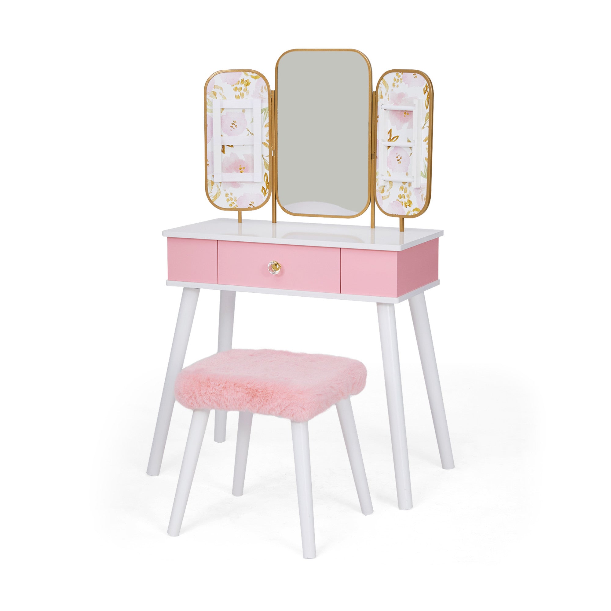 Fantasy Fields Kids Little Lady Izabel Floral Vanity With Mirror, Storage And Stool, Pink