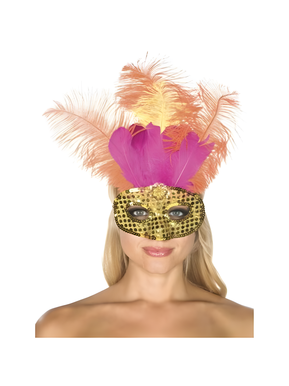 Adult Gold Sequin Carnival Eye Mask With Feathers