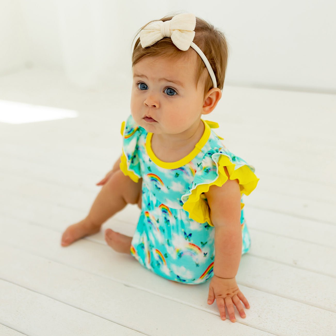 Over The Rainbow & Butterflies Ruffle Peplum Bummie Set (3-24m)