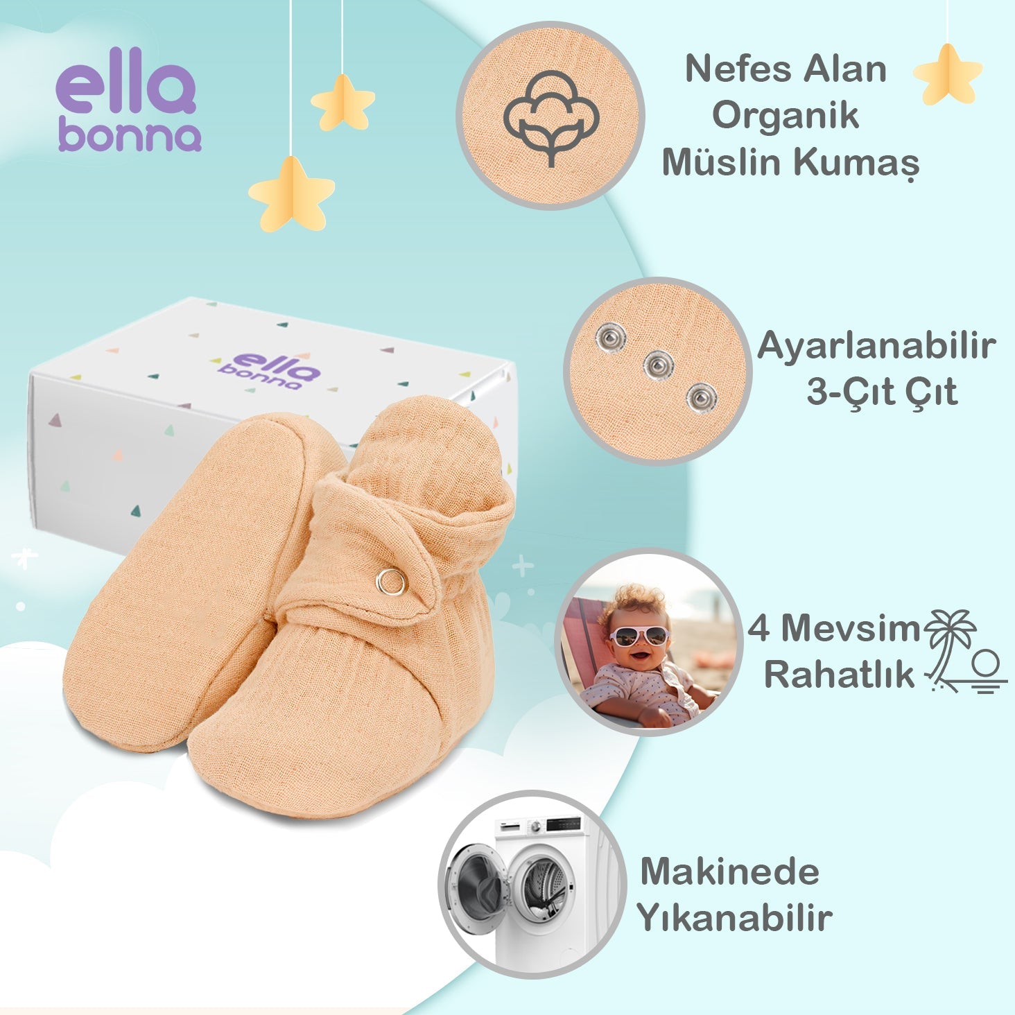 Muslin Stay On Baby Booties Black