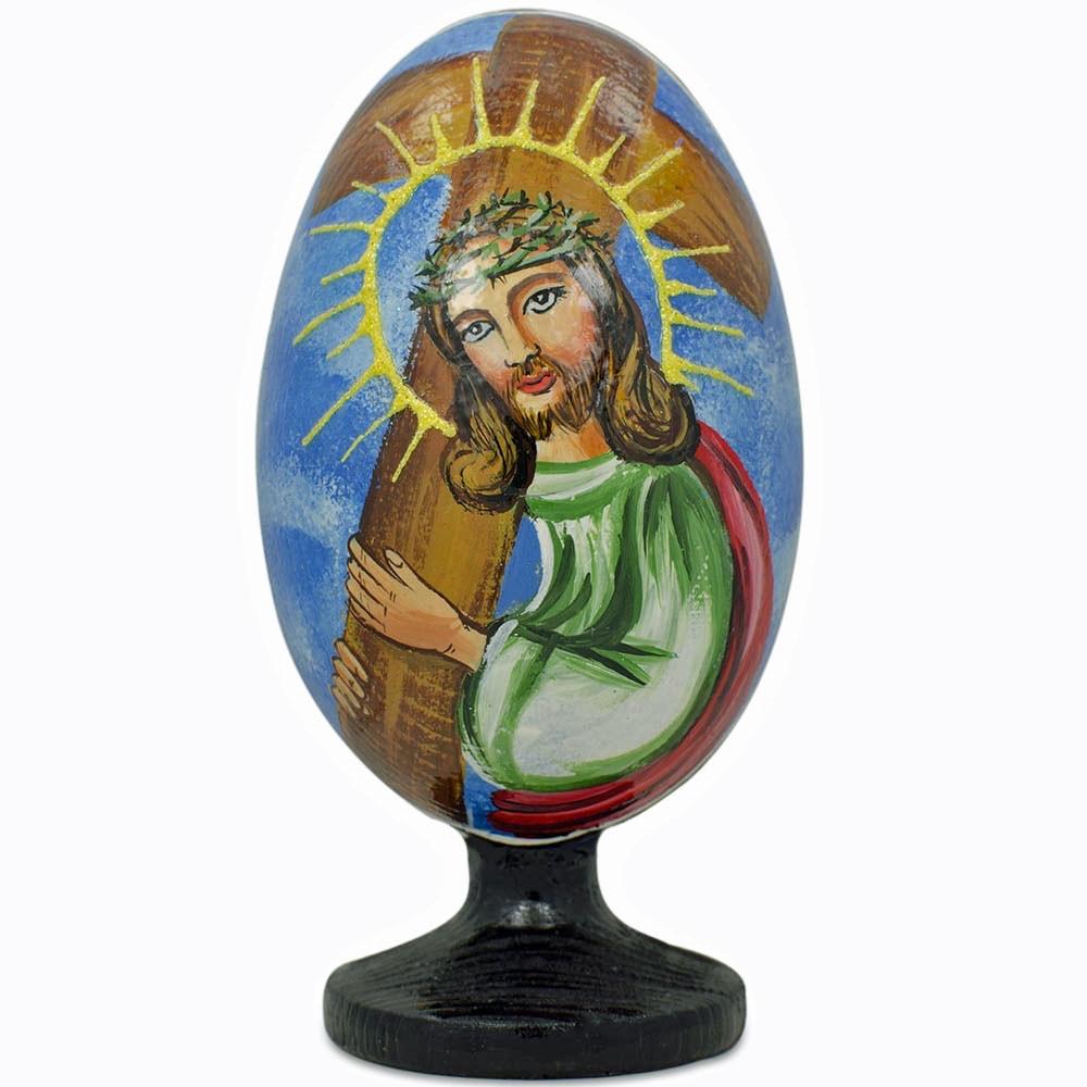 Jesus Christ Carrying Cross Wooden Easter Egg Figurine 4.75 Inches