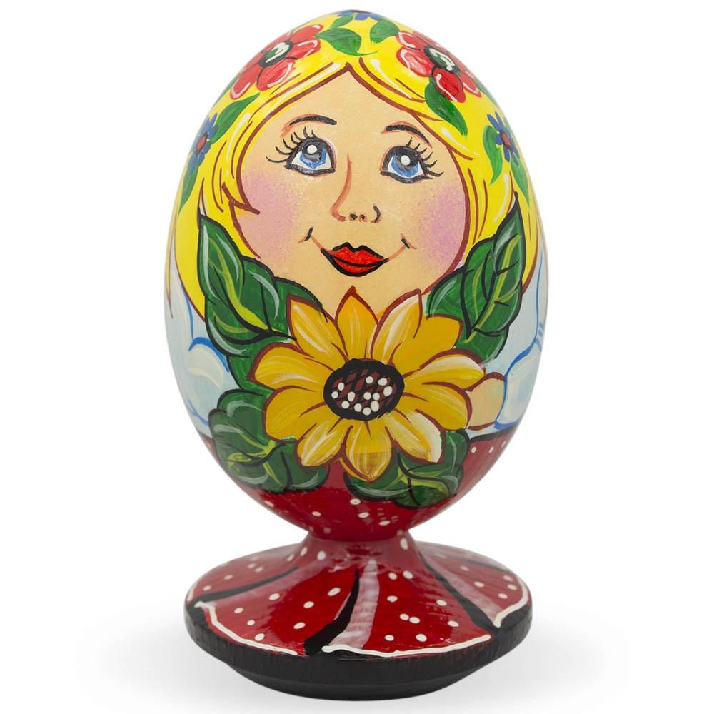 Ukrainian Girl With Sunflower Wooden Egg Figurine