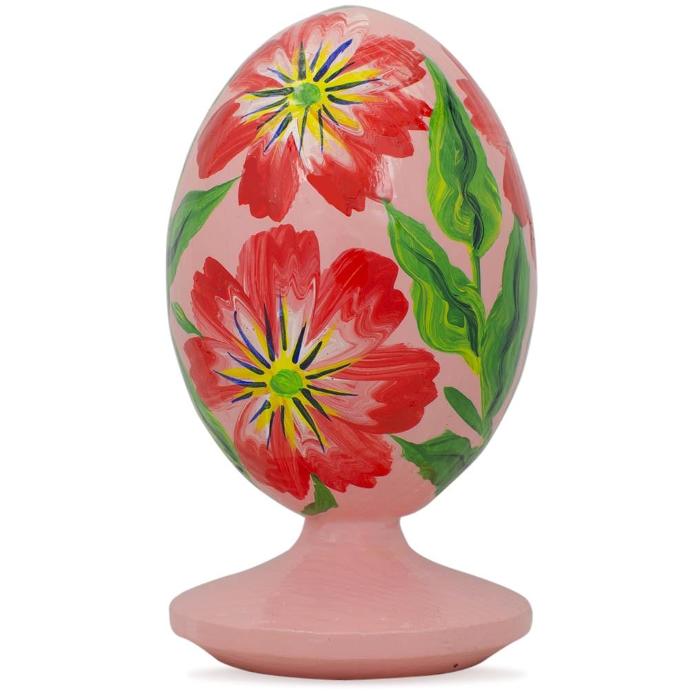 Red Flowers Wooden Easter Egg Figurine