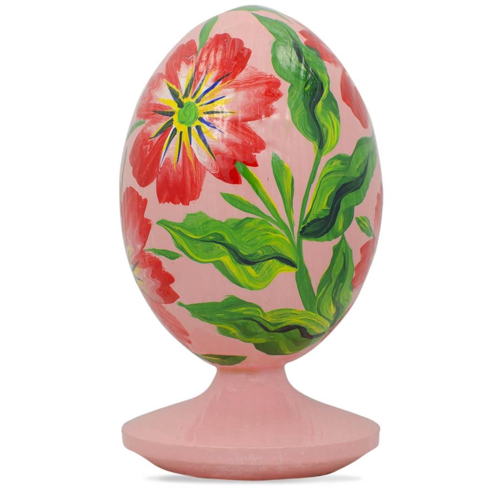 Red Flowers Wooden Easter Egg Figurine