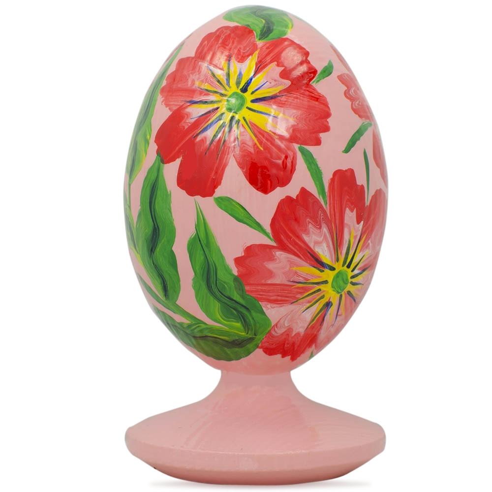 Red Flowers Wooden Easter Egg Figurine