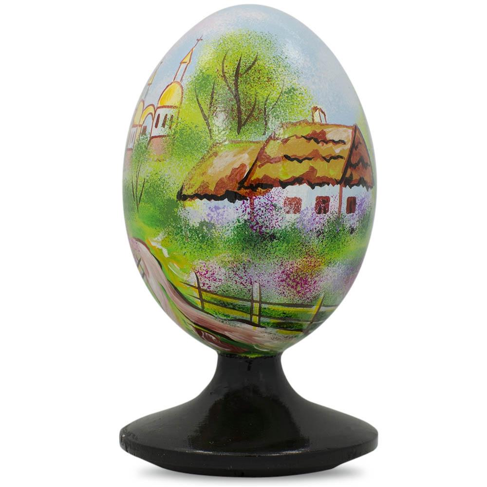 Ukrainian Village Scene With Church Wooden Easter Egg Figurine 4.75 Inches