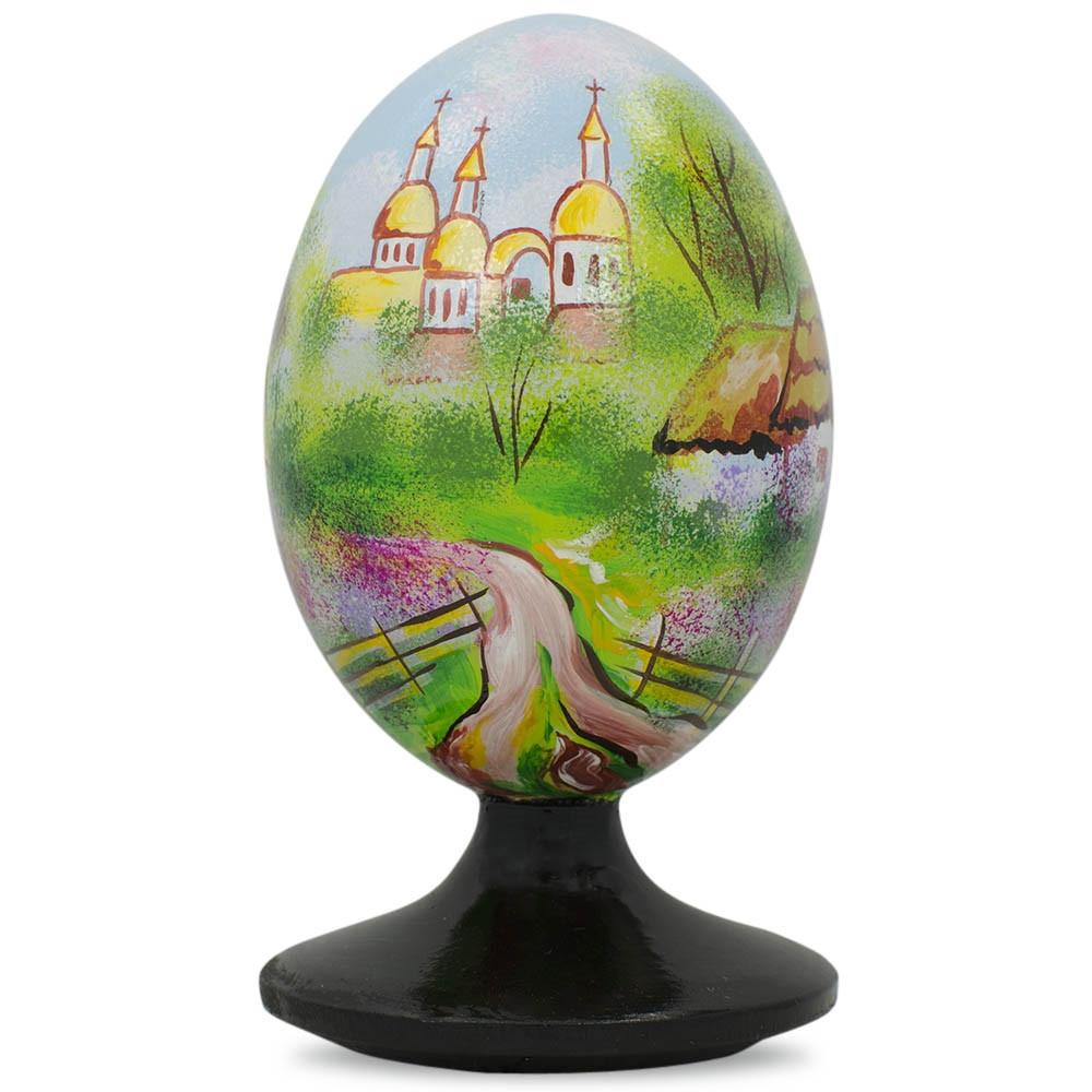 Ukrainian Village Scene With Church Wooden Easter Egg Figurine 4.75 Inches