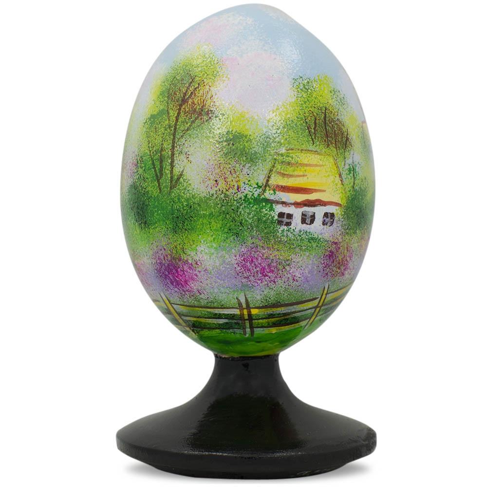 Ukrainian Village Scene With Church Wooden Easter Egg Figurine 4.75 Inches