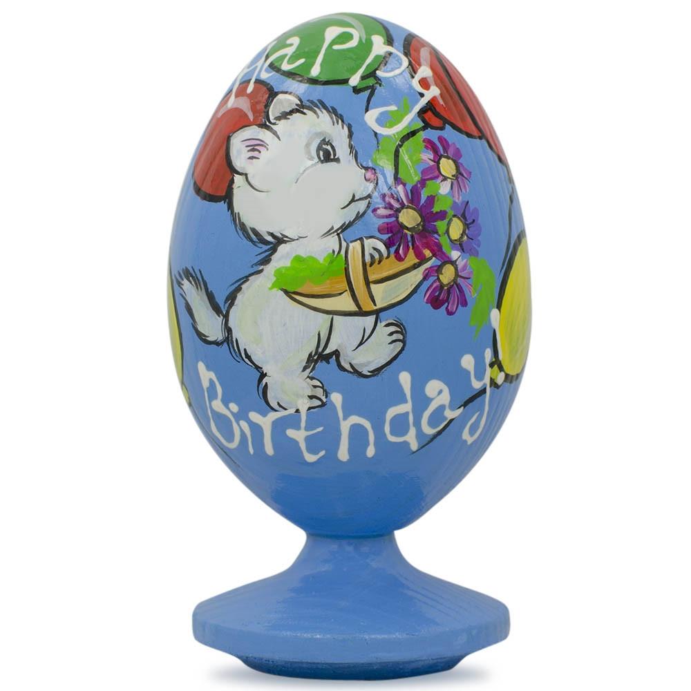 White Cat With Happy Birthday Balloons Wooden Figurine