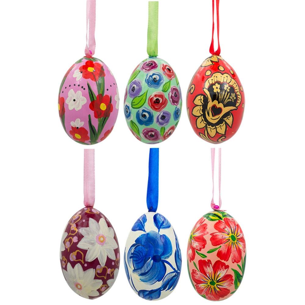 Set Of 6 Pink, Green, Red Flower Wooden Floral Egg Christmas Ornaments 3 Inches