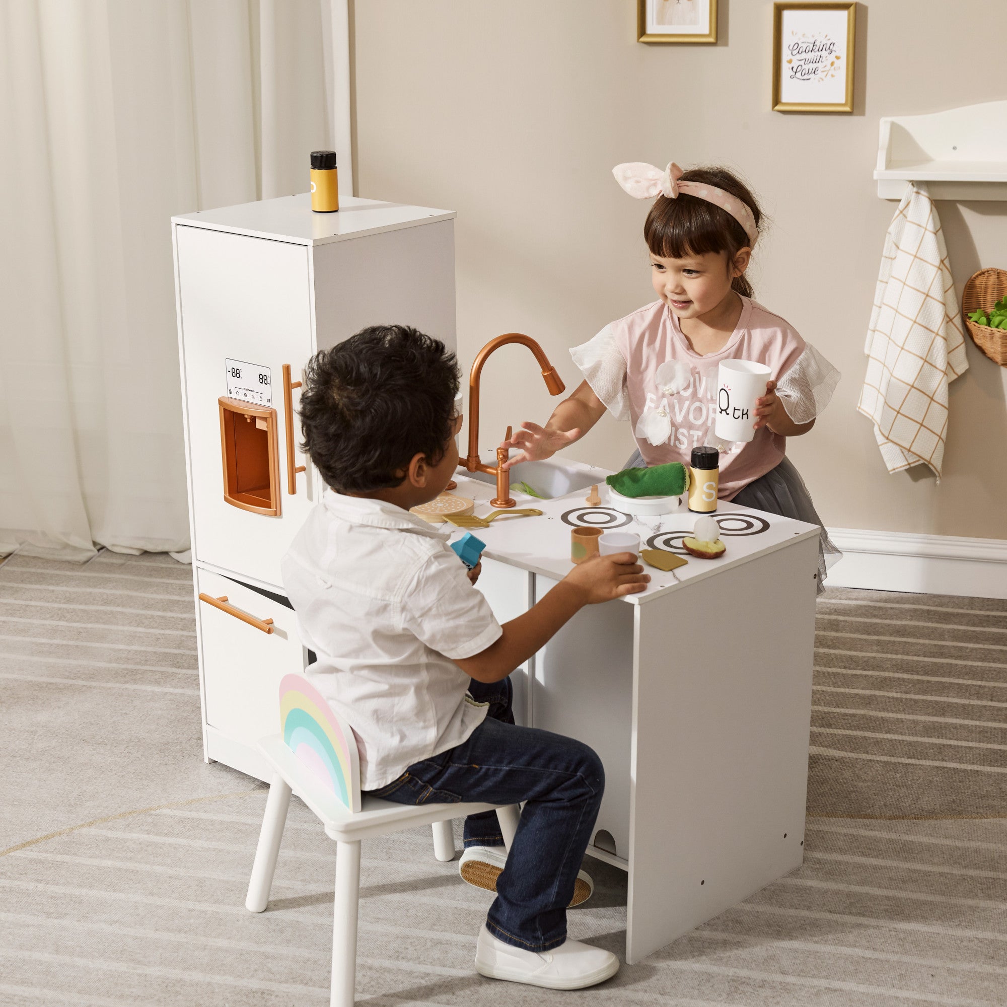 Little Chef Milano Two-piece Modular Modern Delight Play Kitchen With Cooking Accessories, Faux Marble Countertop, & Rose Gold Hardware, White