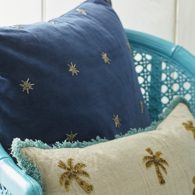 Embroidered Star Pillow, Navy Cotton Velvet