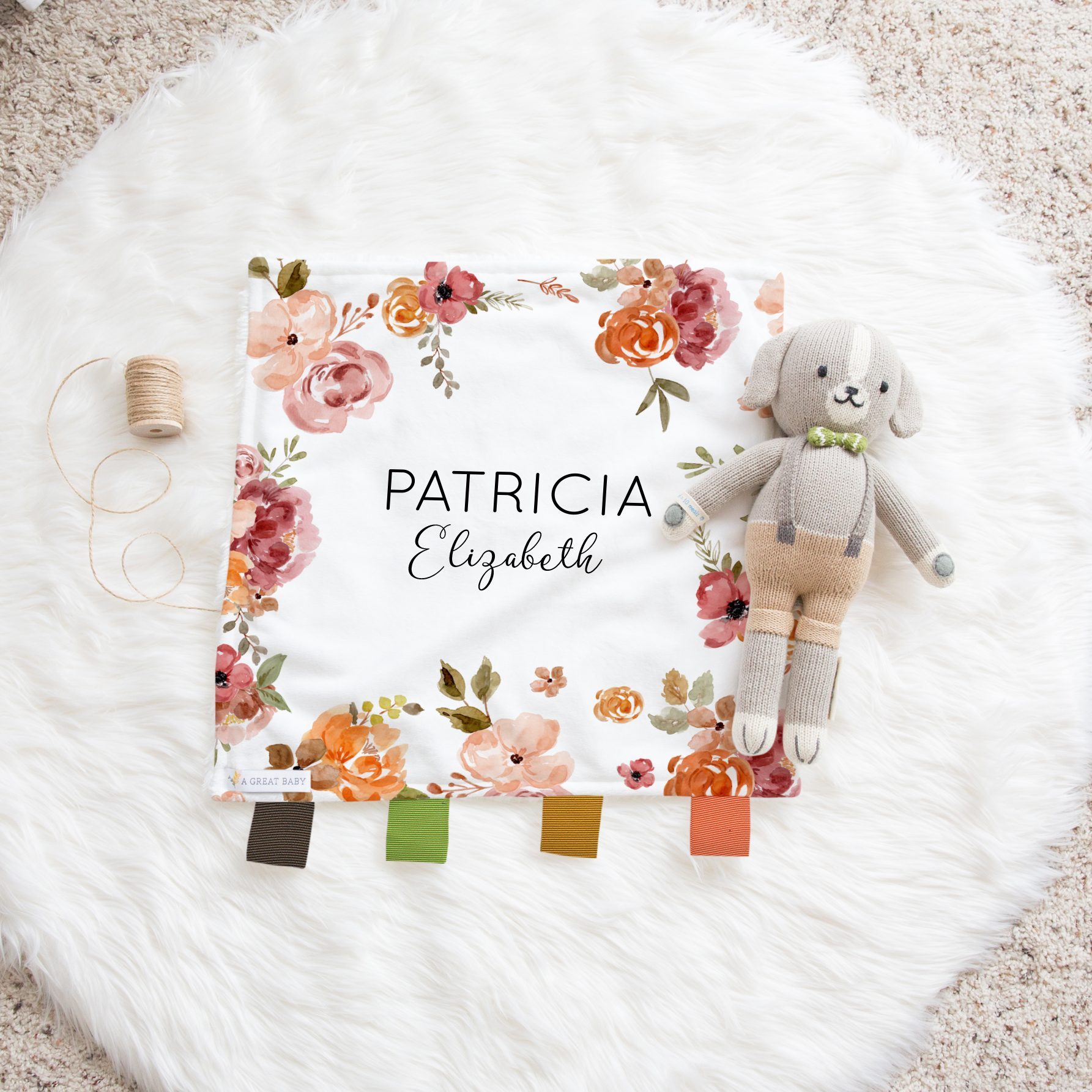 Baby Lovey Blanket - Soft Minky Fur Ribbon Taggie Small Square Blanket Gift
