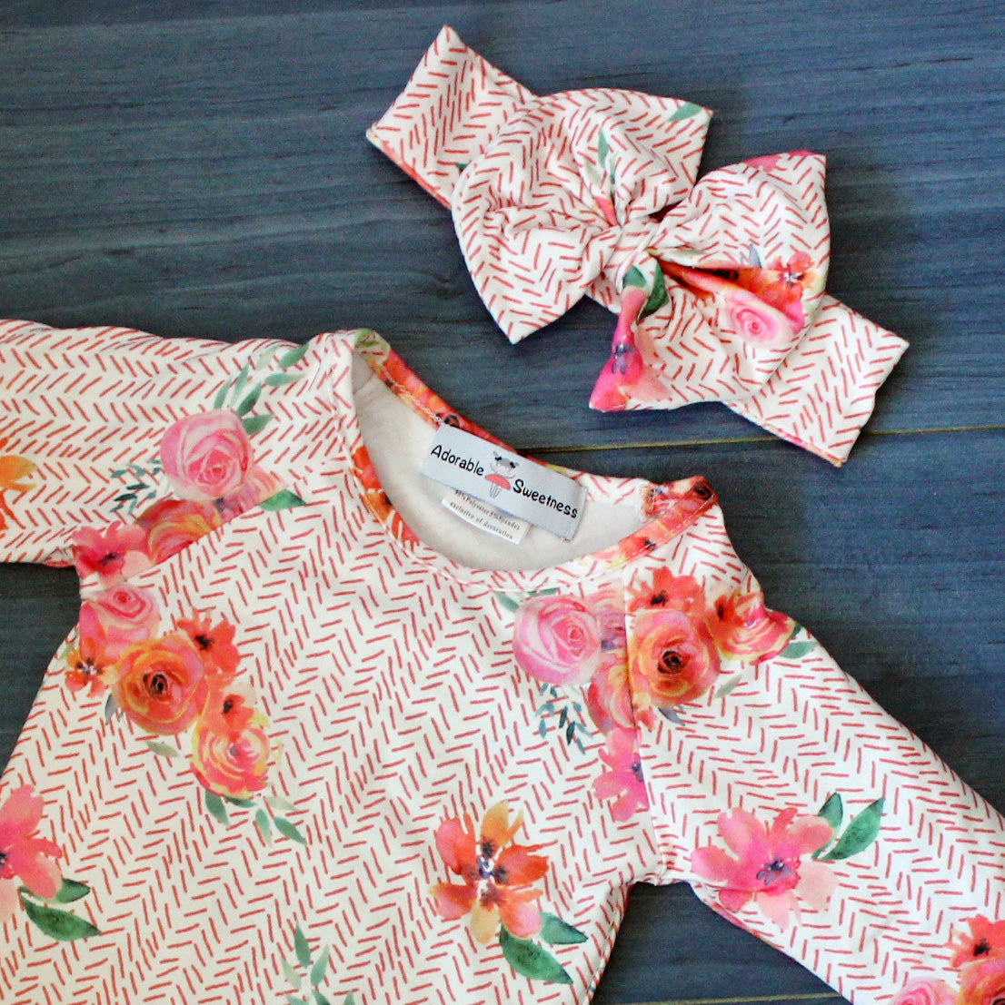 Peach Rose Baby Gown And Bow Headband