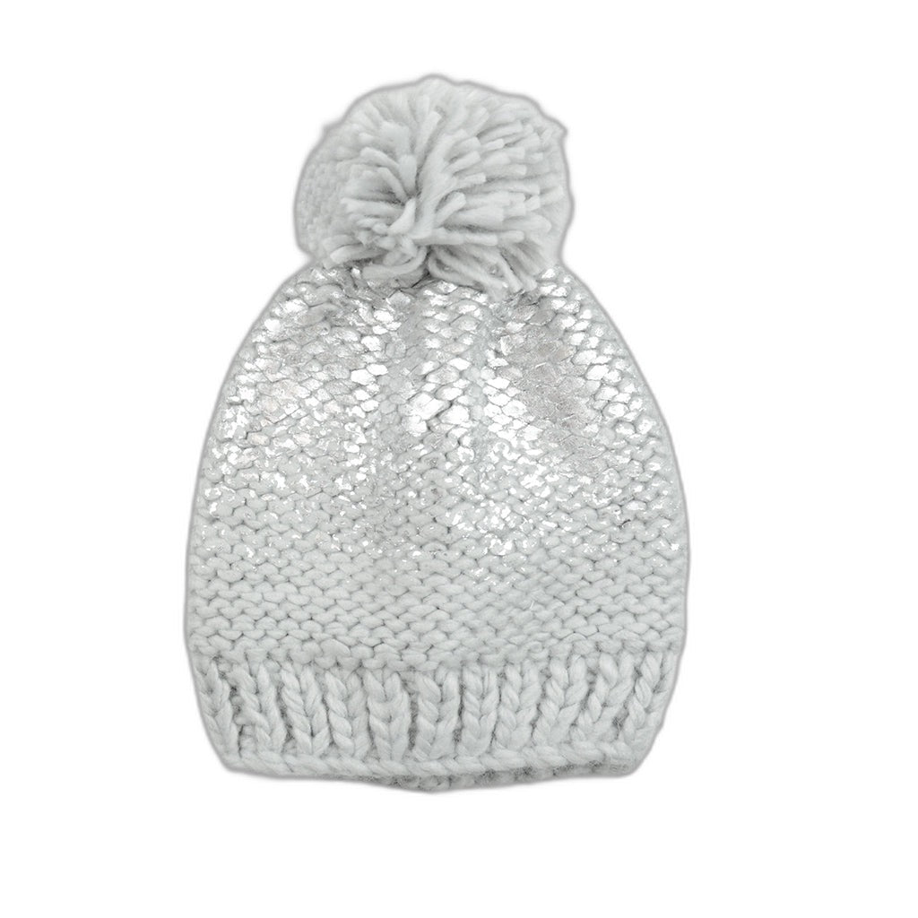 Pearl Metallic Knit Hat With Yarn Pom