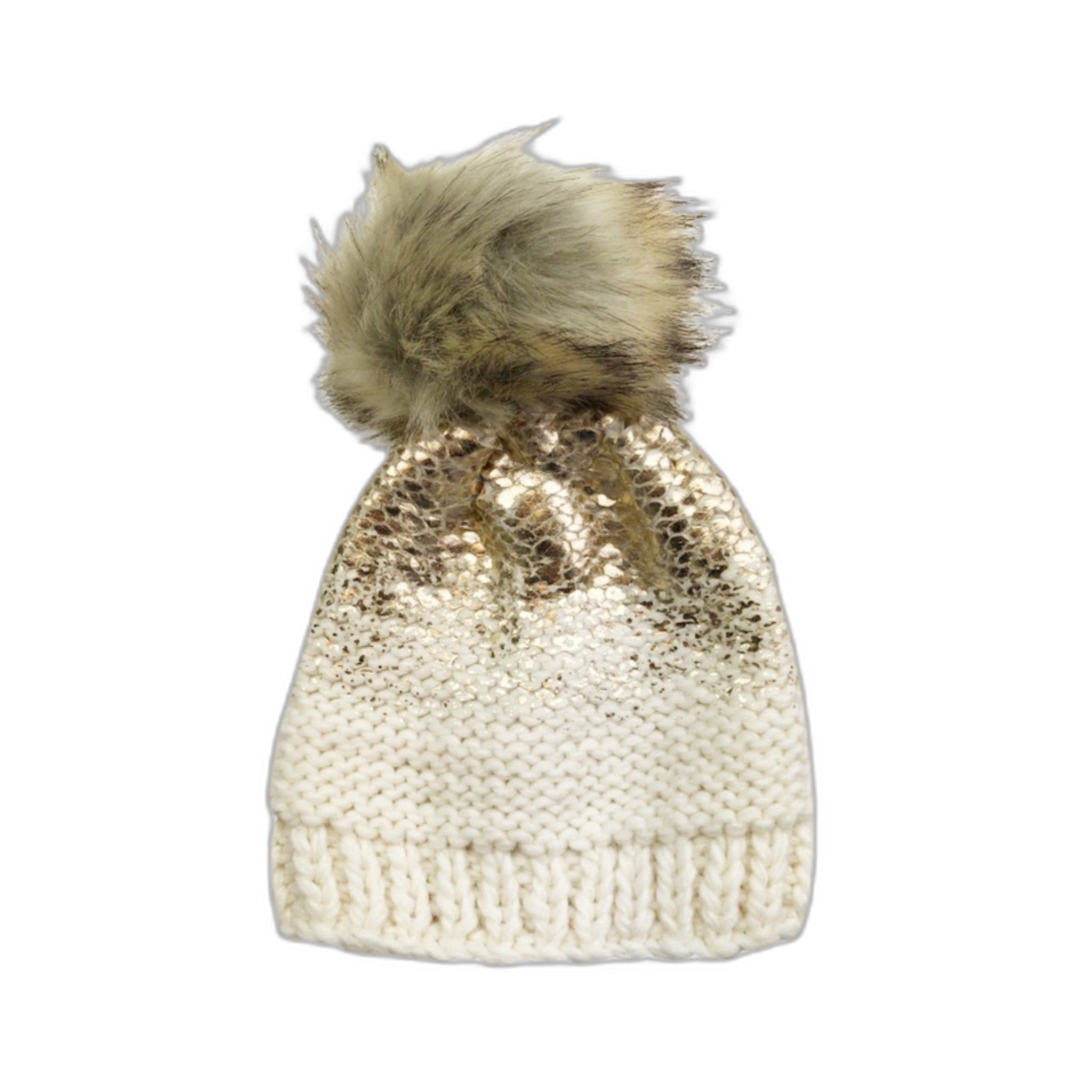 Pearl Metallic Hat With Fur Pom, Cream And Gold