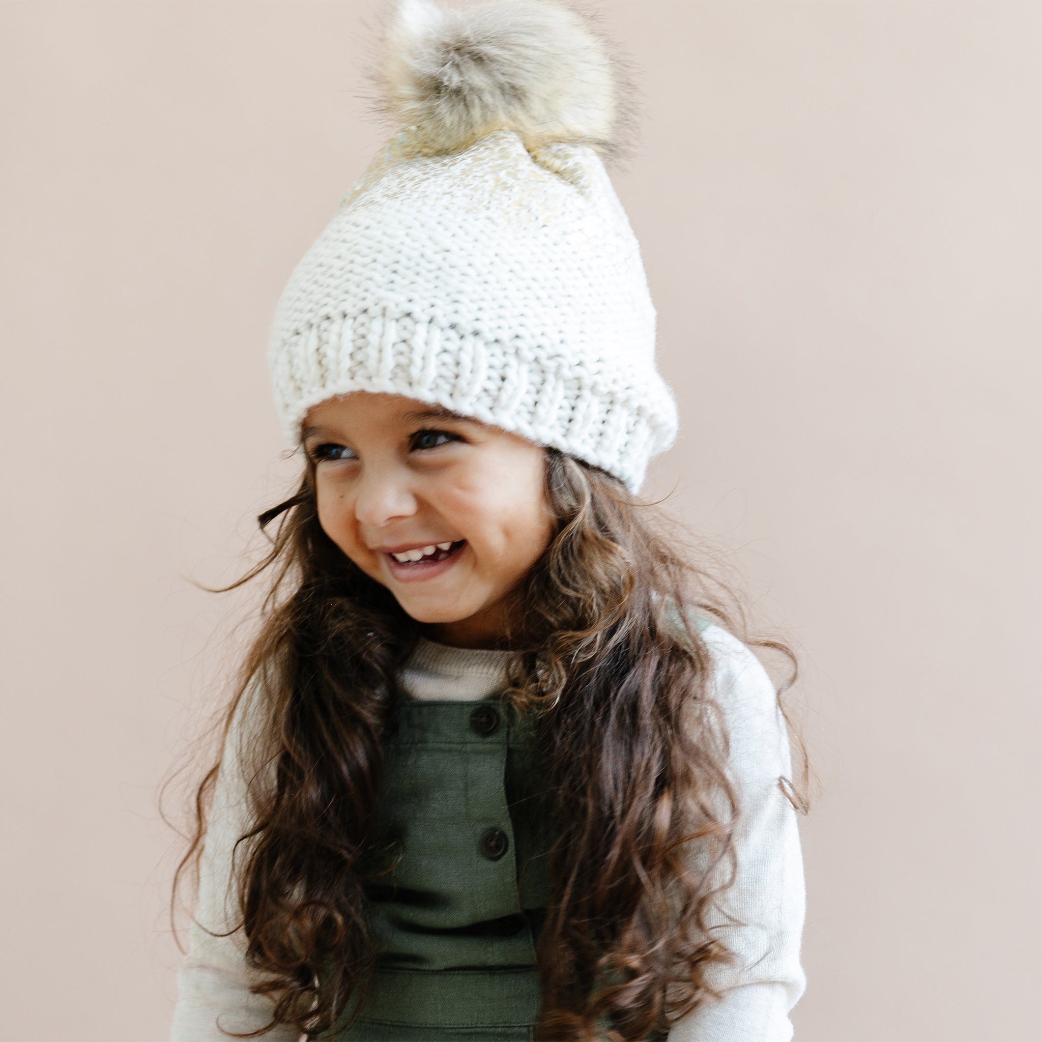 Pearl Metallic Hat With Fur Pom, Cream And Gold