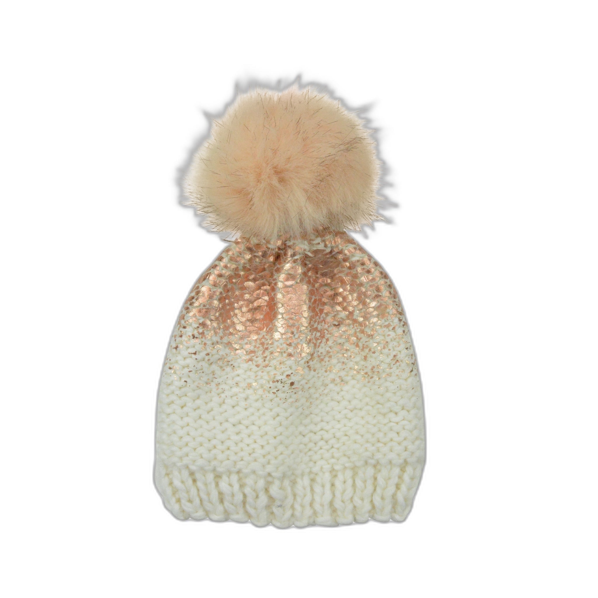 Pearl Metallic Hat With Fur Pom, Cream And Rose Gold