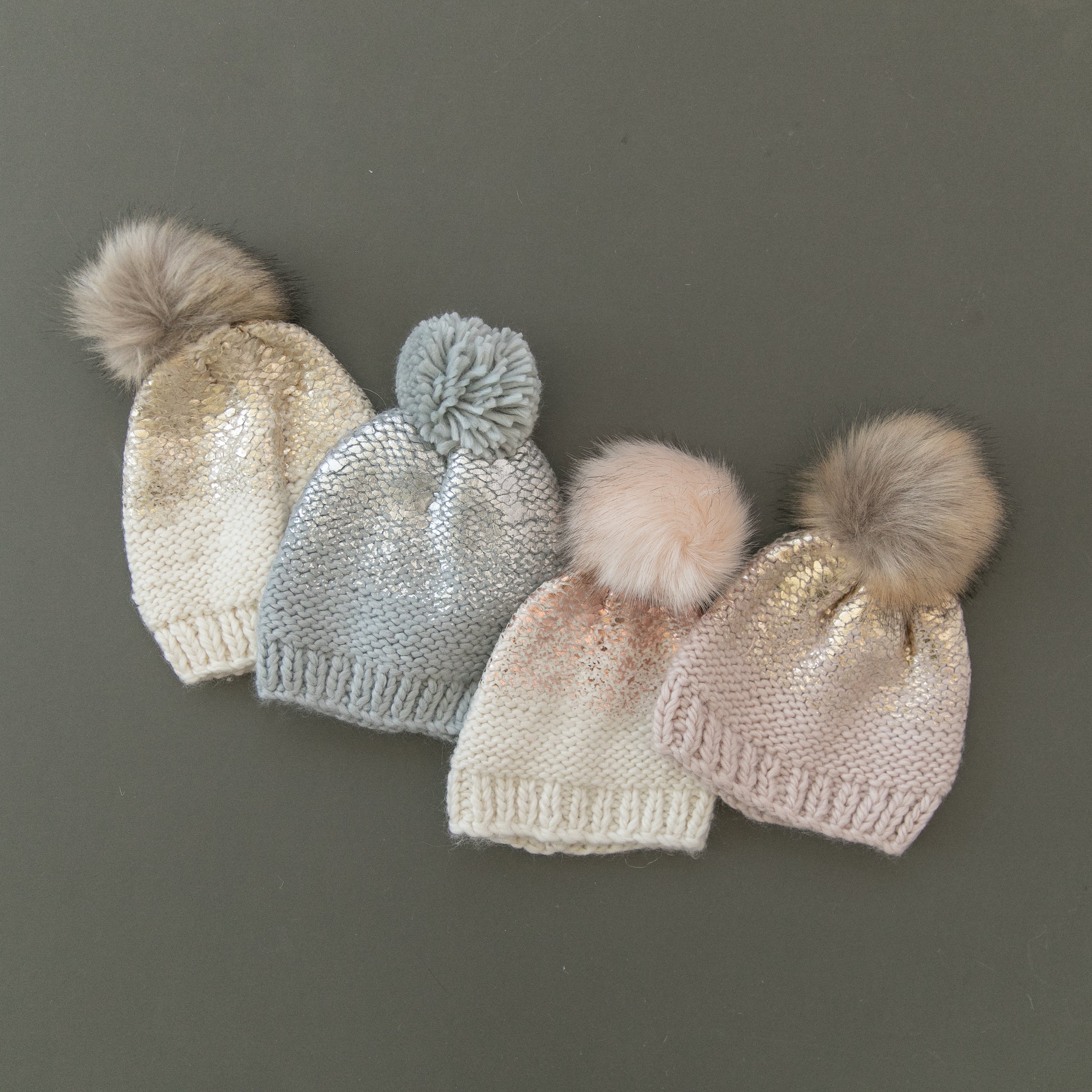 Pearl Metallic Hat With Fur Pom, Cream And Rose Gold