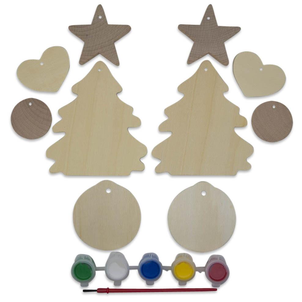 10 Christmas Tree, Hearts, Ball & Star Ornaments Unfinished Wooden Shapes Craft Cutouts Diy Unpainted 3d Plaques