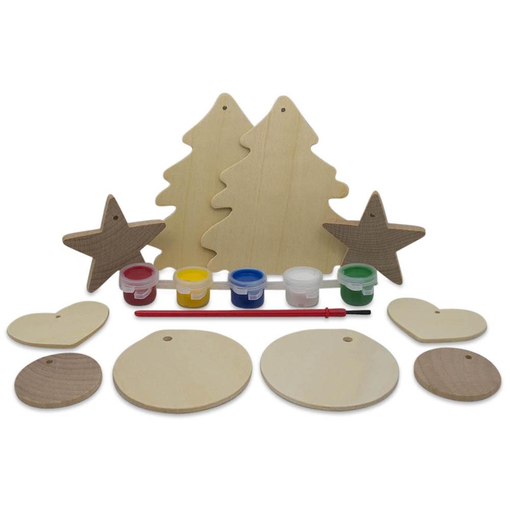 10 Christmas Tree, Hearts, Ball & Star Ornaments Unfinished Wooden Shapes Craft Cutouts Diy Unpainted 3d Plaques