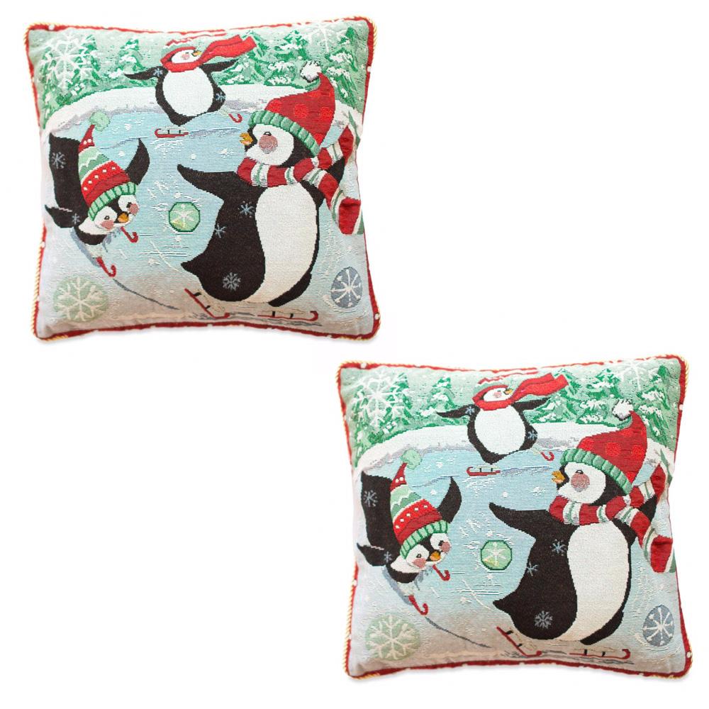 Set Of 2 Skating Penguins Christmas Throw Pillow Covers