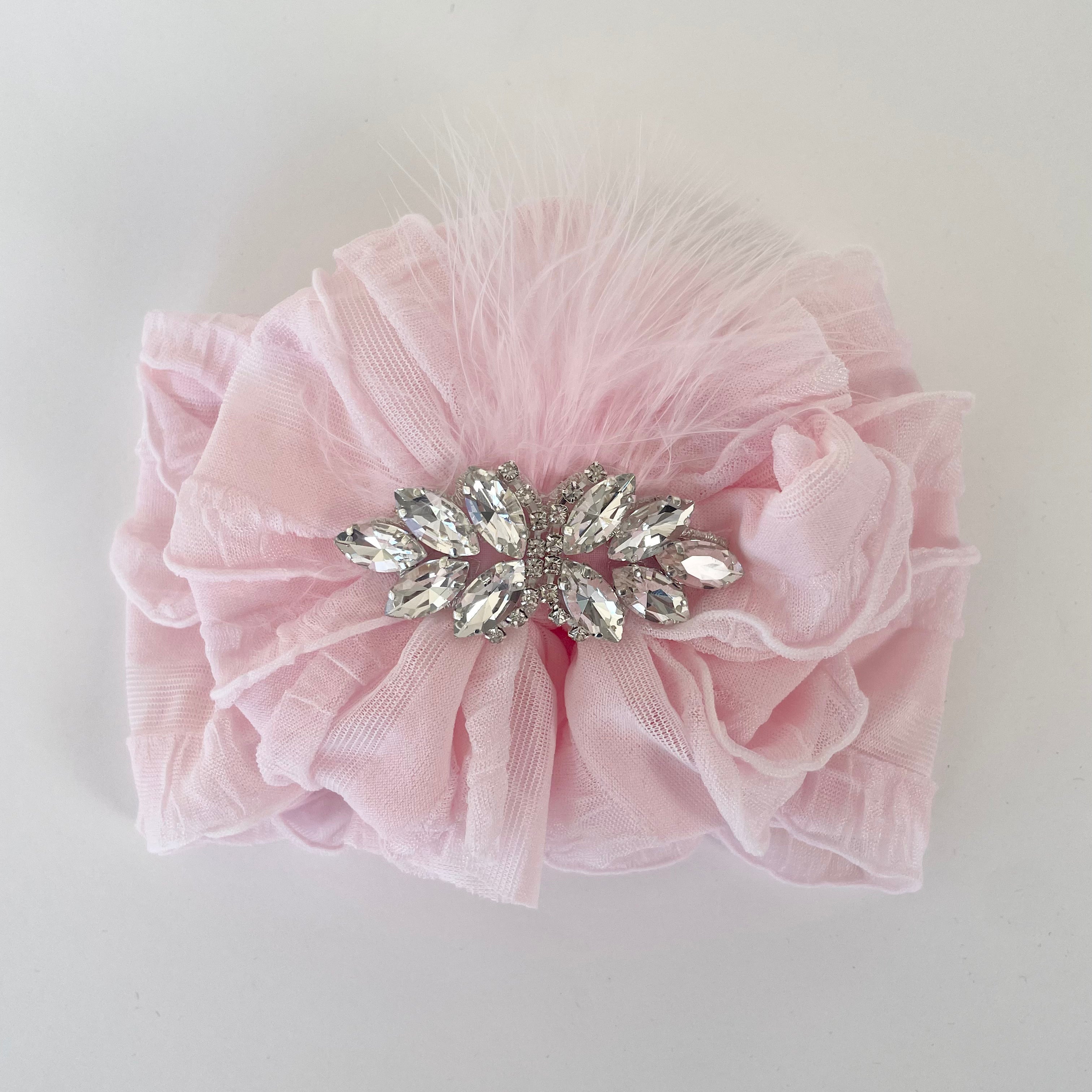 Fancy Feather & Rhinestone Ruffled Baby Headband