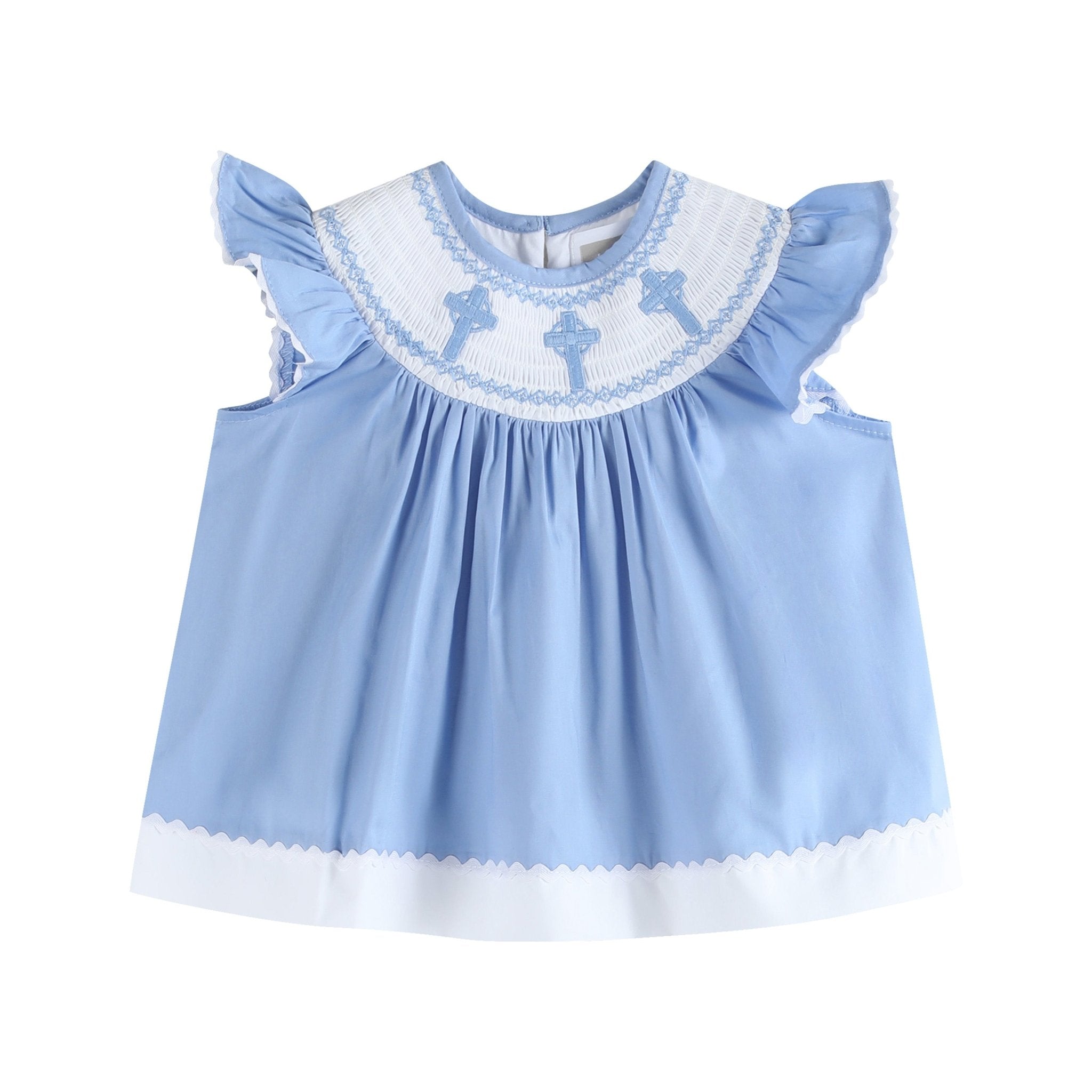 Periwinkle Blue Crosses Smocked Dress And Bloomers Set