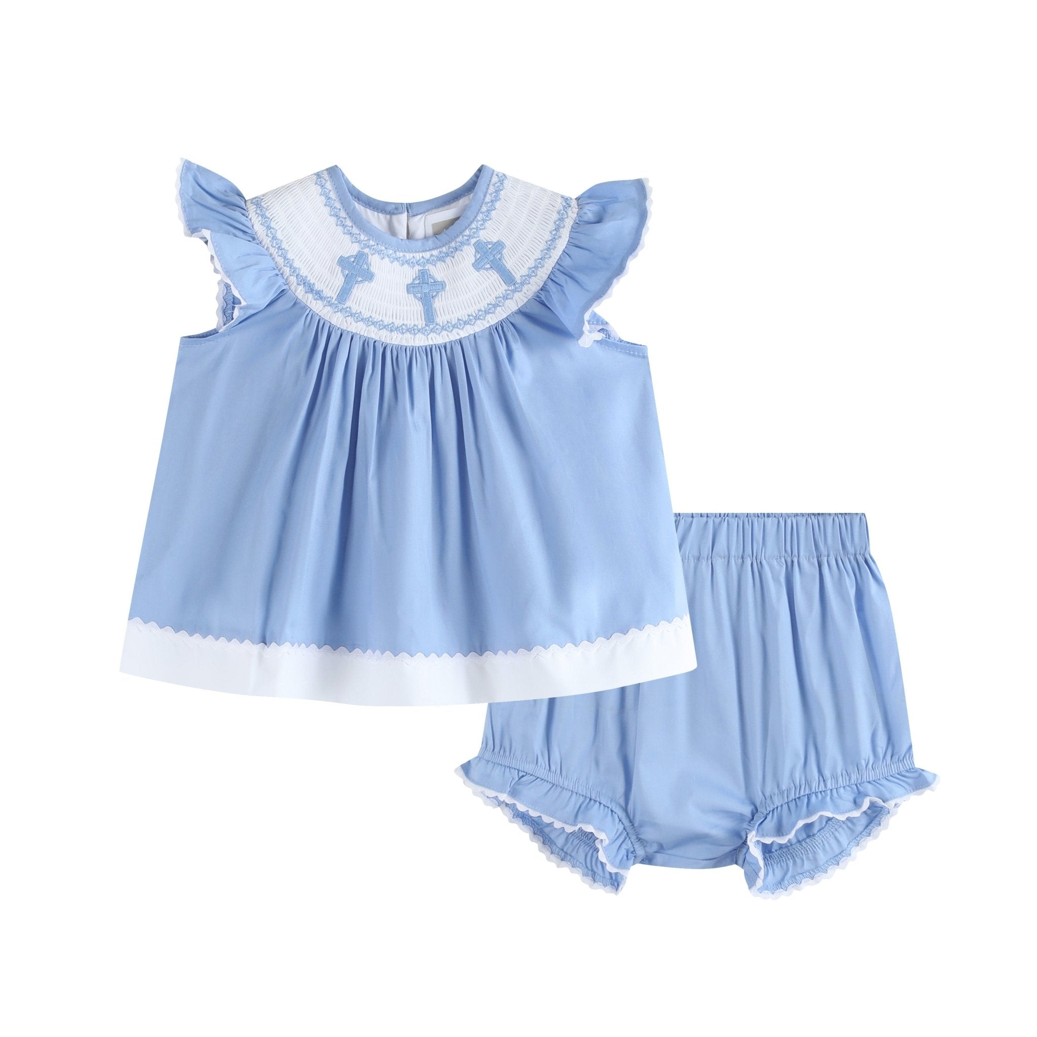 Periwinkle Blue Crosses Smocked Dress And Bloomers Set